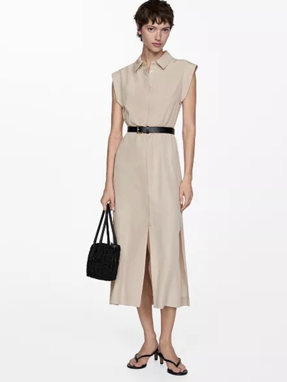 Mango Beige Sleeveless Shirt Midi Dress with Black Belt